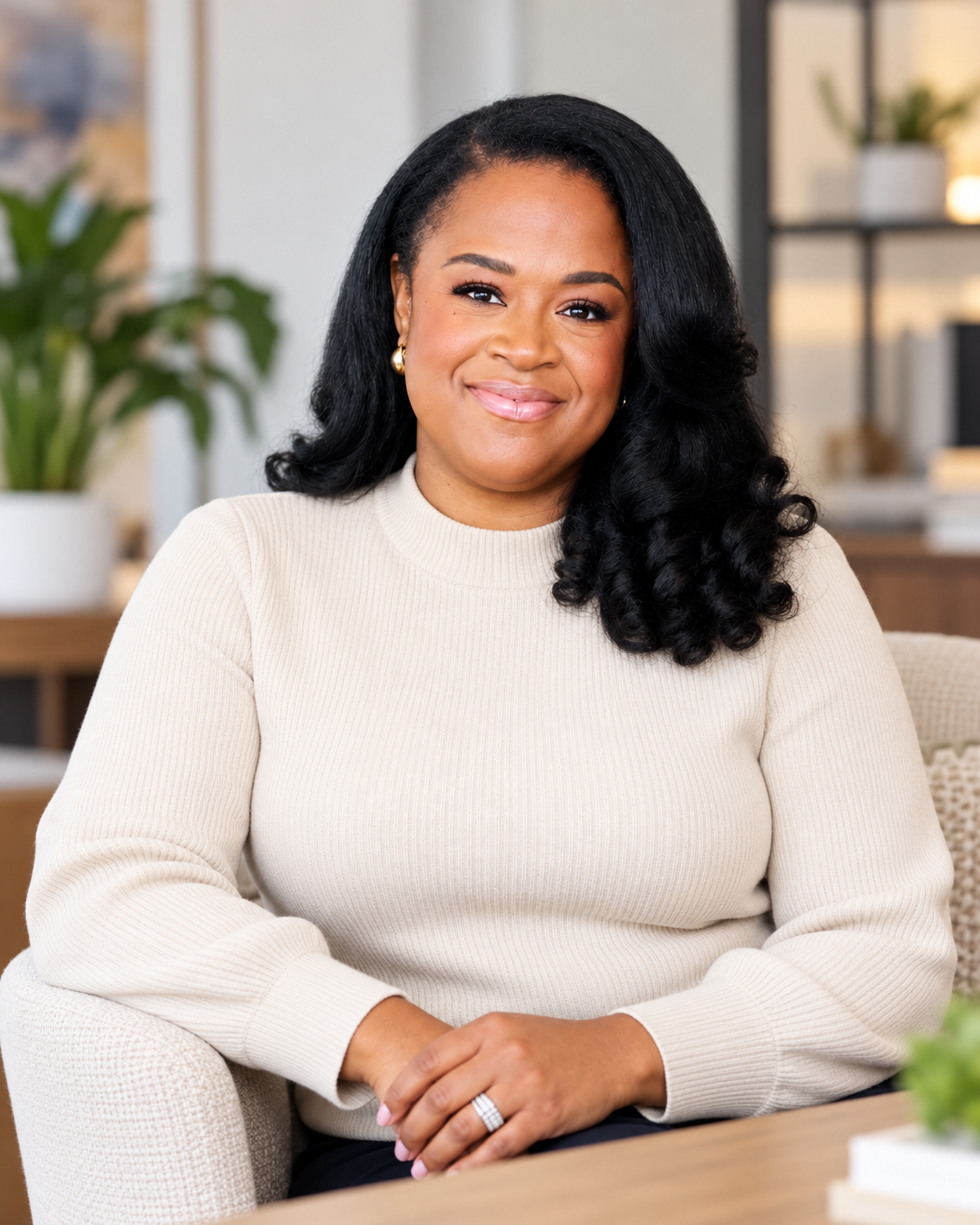 Alicia Perkins seated in a bright office, smiling